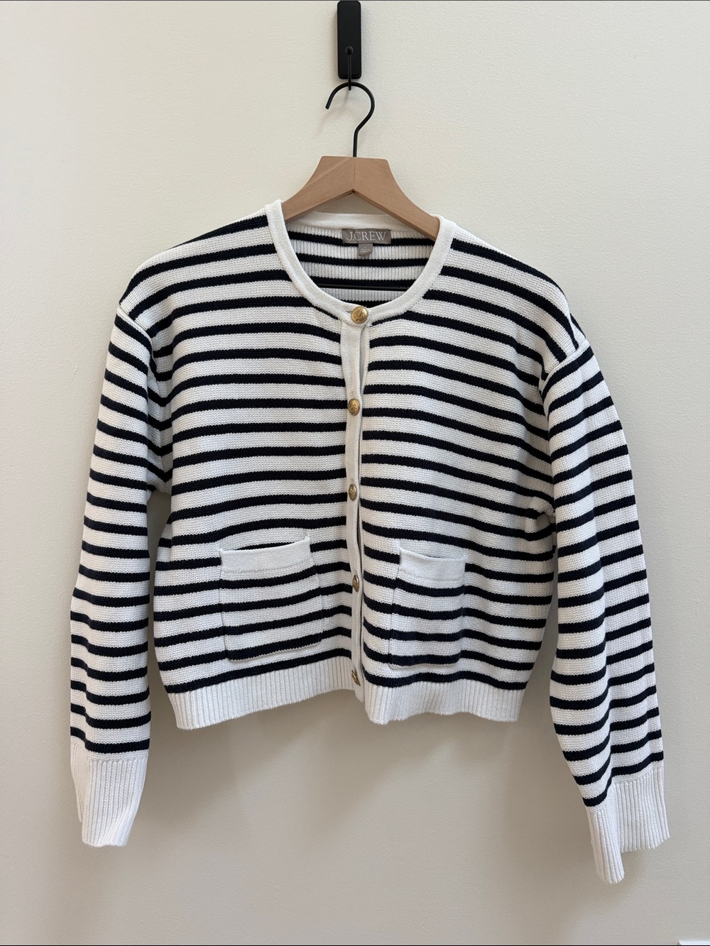 J. Crew Navy and White Striped Cotton Crewneck Cardigan